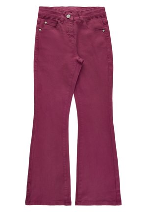 Dzwony w głębokim magencie, wykonane z mieszanki bawełny. Cechy to zapięcie na guzik oraz przednie kieszenie z metalowymi nitami.