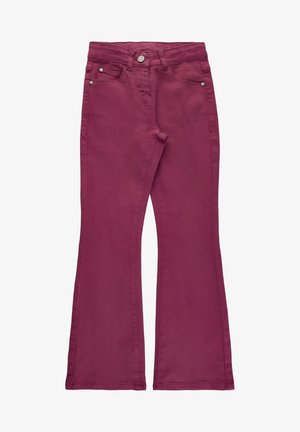 Dzwony w głębokim magencie, wykonane z mieszanki bawełny. Cechy to zapięcie na guzik oraz przednie kieszenie z metalowymi nitami.