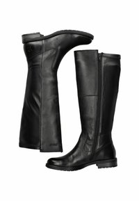Bottes noires en cuir, montantes jusqu'au genou, avec une texture lisse, une fermeture Éclair sur le côté, un bout arrondi et un talon modeste. Présente des détails de couture subtils.