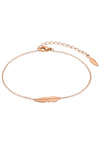 Rosaguld armbånd med en fjerpendant, forbundet med en fin kæde, sikker lås og forlængerkæde med en mindre fjerdetalje.