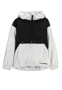 Czarny i biały sweter z kapturem, z przodem na pół zamek, elastycznymi mankietami i dołem oraz dwiema przednimi kieszeniami na zatrzask.