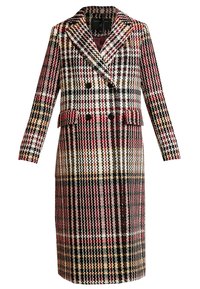 Dvouřadový kabát v barevném houndstooth vzoru. Vyrobený z texturované tkaniny s červenou, černou a bílou. Má pás s opaskem a klopový límec.