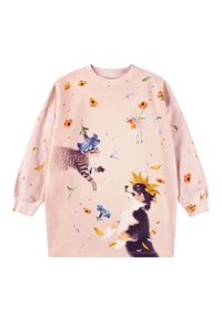 Rózsaszín pulóver, játékos grafikákkal egy kiscicáról és egy kiskutyáról, virágmotívumokkal és élénk színekkel díszítve. Puha, pamut anyagból készült.