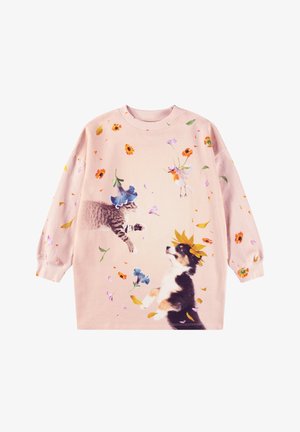 Ružová mikina s hravými grafikami mačky a šteniatka, zdobená kvetinovými motívmi a žiarivými farbami. Mäkká bavlnená tkanina.
