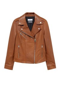Veste de motard en cuir marron avec fermeture éclair asymétrique à l'avant, trois poches zippées, larges revers et boutons-pression argentés.