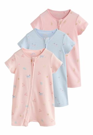 Three short-sleeve baby rompers in pastel pink and blue, each with a front zipper and small animal and floral prints.