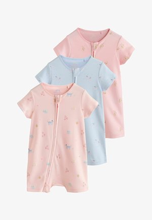 Tri kratka bodija za bebe s kratkim rukavima u pastelnim nijansama ružičaste i plave, svaki s prednjim patentnim zatvaračem i malim životinjskim i cvjetnim uzorcima.