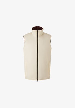 Light beige sleeveless vest with high collar, front zipper closure, and two side pockets; smooth, water-resistant fabric. Brown inner lining.
