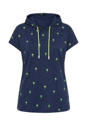 Sudadera con capucha de manga corta en azul marino con estampados de palmeras en verde neón y cordones neón amarillos en la capucha.