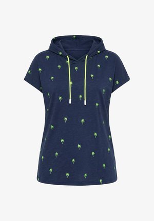 Sudadera con capucha de manga corta en azul marino con estampados de palmeras en verde neón y cordones neón amarillos en la capucha.