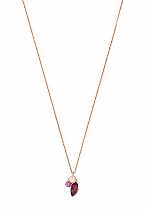 Roségold-Halskette mit einer feinen Kette, die drei bunte Perlen zeigt: eine hellrosafarbene runde Perle, eine lila runde Perle und einen marquisförmigen dunklen Edelstein.