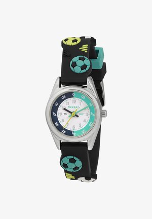 Montre en silicone noire avec un boîtier en argent, dotée d'un cadran blanc et teal. Le bracelet présente des accents de ballon de football vert et noir.