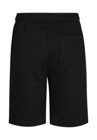 Shorts en coton noir avec une coupe décontractée, une taille élastique et une poche arrière unique. Texture lisse et design mi-long.