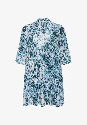 Lightweight, blue-and-white dress with a v-neck, flared half sleeves, and a tiered skirt featuring a leopard print pattern.