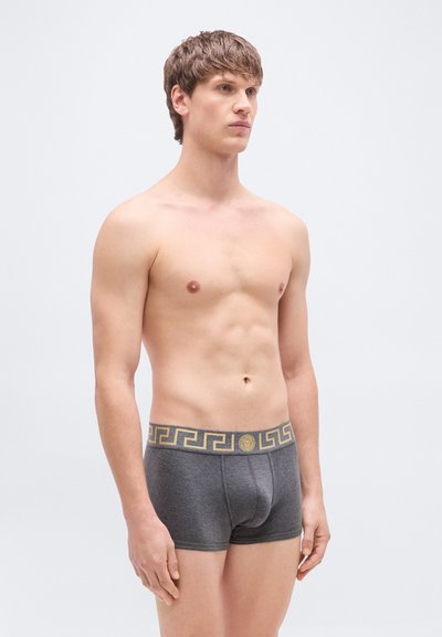 Γκρι μποξεράκια με χρυσή ζωνη με σχέδιο, που διαθέτουν εφαρμοστή γραμμή και απαλό υλικό, παρουσιάζοντας κλασικό σχεδιασμό.