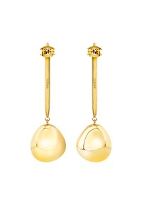 Pendientes colgantes en tono dorado con un diseño alargado y elegante, que presentan formas de gota smooth y redondeadas con un acabado pulido.