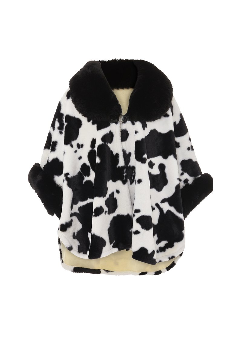 Giacca in finta pelliccia con stampa a macchie di mucca bianco e nero, maniche larghe, colletto in pelliccia staccabile e una morbida fodera beige.