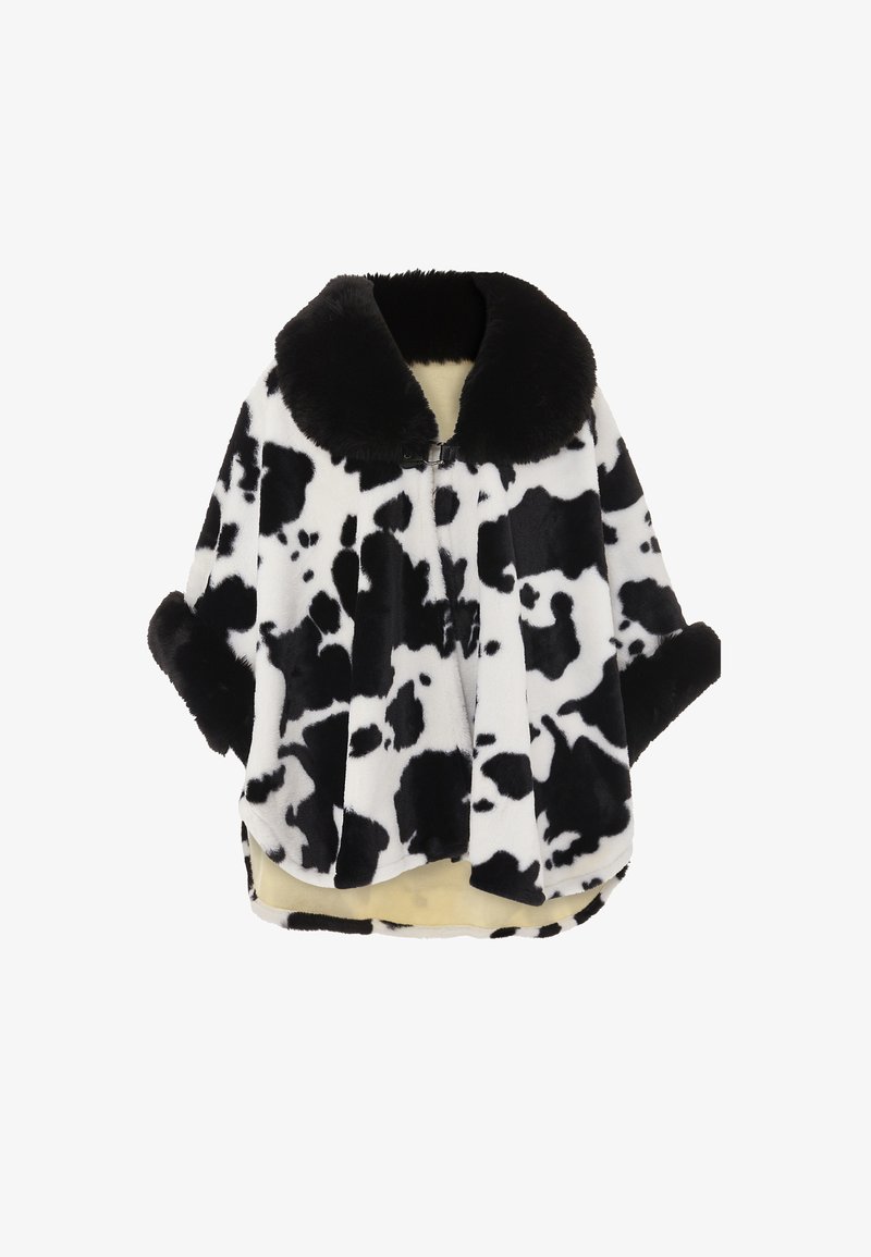 Giacca in finta pelliccia con stampa a macchie di mucca bianco e nero, maniche larghe, colletto in pelliccia staccabile e una morbida fodera beige.