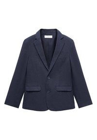 Námorně modrý blejzr s klopovým límcem, jednoproudým designem, dvěma předními kapsami a náprsní kapsou, vyrobený z texturované tkaniny.