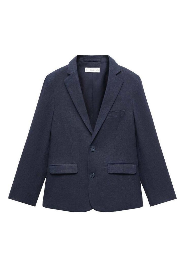 Námorně modrý blejzr s klopovým límcem, jednoproudým designem, dvěma předními kapsami a náprsní kapsou, vyrobený z texturované tkaniny.