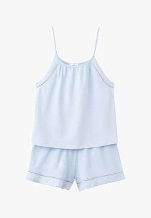 Lichtblauw mouwloos topje met dunne bandjes, gecombineerd met bijpassende shorts, beide met subtiele decoratieve stiknaden langs de randen.