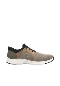 Athletic shoe with a textured beige mesh upper, brown suede accents, black collar, and a white rubber sole. Lace-up closure, padded tongue.