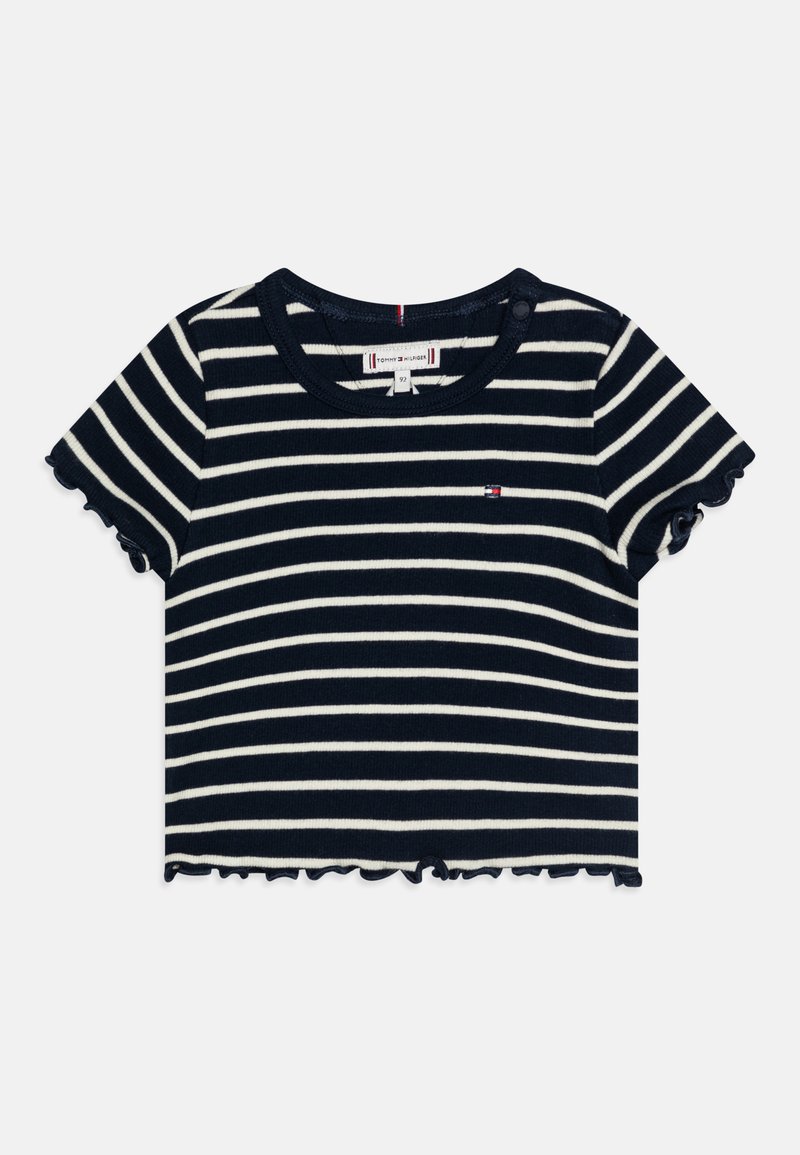 Navy and white striped short-sleeve T-shirt with a round neckline, ruffled edges, and a small logo detail on the chest.