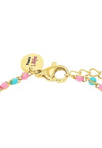 Goldene Kettenarmband mit bunten Perlen in Pink und Blau, ausgestattet mit einem Karabinerverschluss und einem runden Charm, der mit "Prinzessin Lillifee" graviert ist.