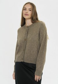 Hnědý vlněný cardigan s kulatým výstřihem, zapínáním na knoflíky a žebrovaným lemem. Obsahuje jemný lesk pro texturu, nošený přes černou sukni.