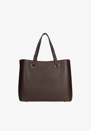 Brown pebbled leather tote bag with two handles, silver hardware accents, and logo detail. Rectangular shape with a textured finish.