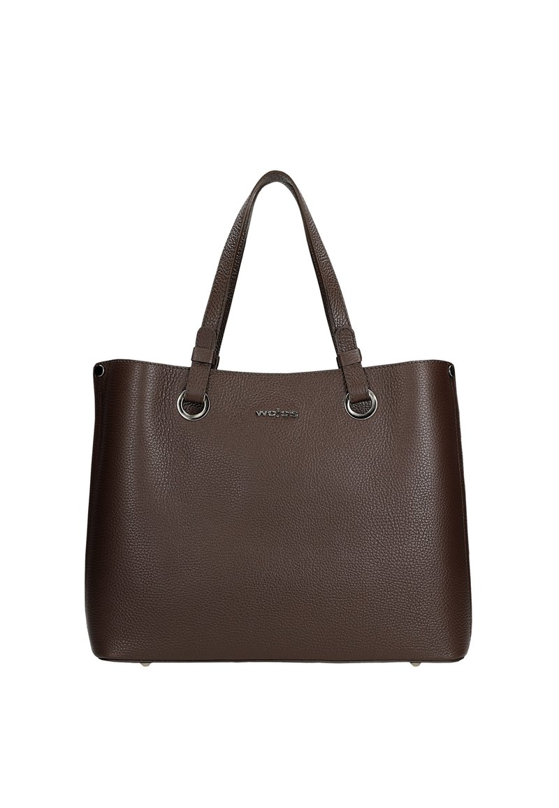 Borsa a tote in pelle marrone con superficie a ciottoli, dotata di due manici, dettagli in metallo argentato e logo. Forma rettangolare con finitura testurizzata.