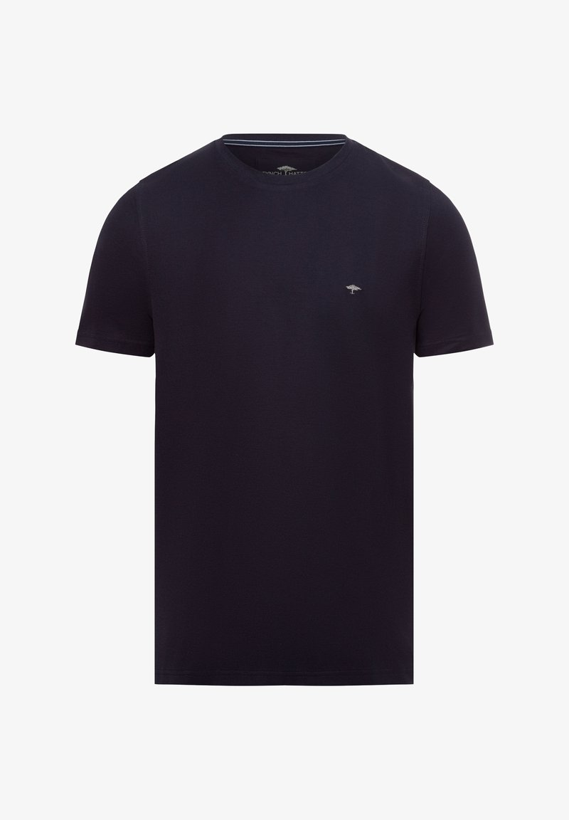 Marineblaue Baumwoll-T-Shirt mit kurzen Ärmeln, rundem Halsausschnitt und dezentem Logo auf der Brust. Glatte Textur und normale Passform.