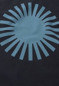 Tela redonda negra con un gráfico de estallido de sol azul claro en el centro, que presenta rayos alternados de grosor grueso y delgado que irradian hacia afuera.