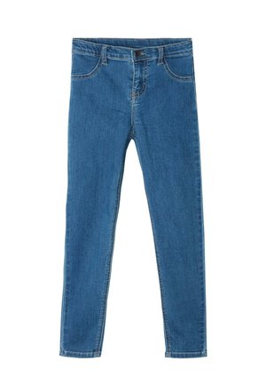 Jeans skinny in denim blu con una texture liscia, dotati di passanti per cintura, tasche anteriori e cuciture a contrasto lungo le cuciture.