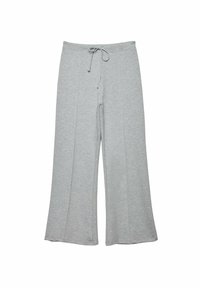 Lys grå bredbenede bukser med en elastisk talje, lavet af blødt stof, med forreste sømdetaljer og flagrende kanter.