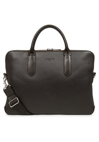 Borsa per laptop in pelle nera con manici superiori doppi, tracolla regolabile, chiusura con zip e logo impresso. Finitura texturizzata con accenti lisci.