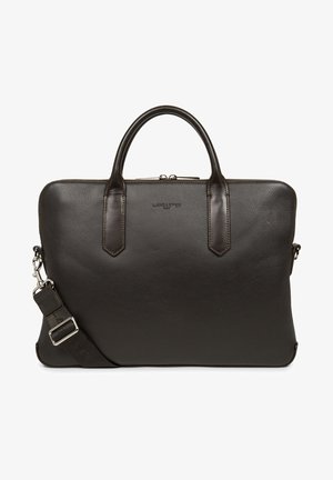 Schwarze Leder-Laptop-Tasche mit doppelten oberen Griffen, verstellbarem Schultergurt, Reißverschluss und geprägtem Logo. Strukturiertes Finish mit glatten Akzenten.