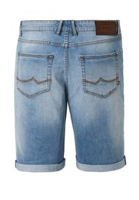 Light blue denim shorts with a rolled hem, featuring two back pockets with curved seam accents and a brown leather logo patch on the waist.