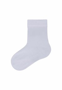 Weißer Baumwollsocken mit einem gerippten Bund, glatter Textur und strukturierter Form, ausgestattet mit einer nahtlosen Spitze und subtiler Fußgewölbeunterstützung.