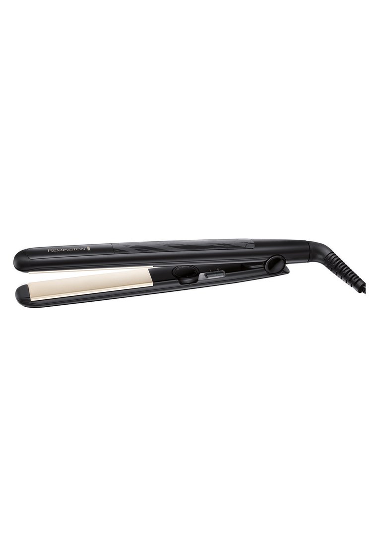 Plancha de pelo negra con placas de cerámica suaves, un diseño texturizado en el mango, botón de control de temperatura y un cable en espiral.