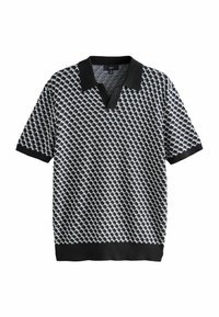 Black and white patterned short-sleeve polo shirt with a V-neck, featuring a textured geometric design. Black collar and hem accents.