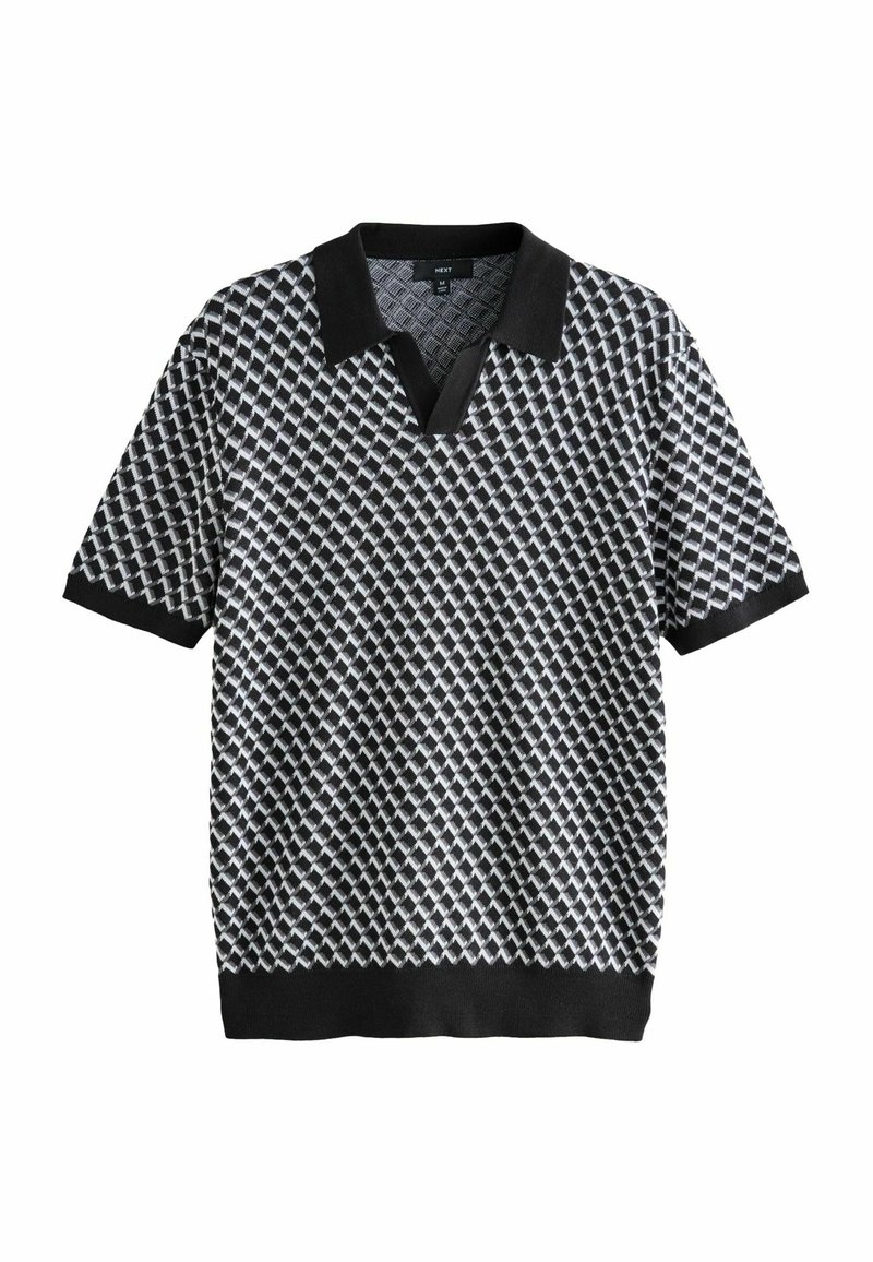 Black and white patterned short-sleeve polo shirt with a V-neck, featuring a textured geometric design. Black collar and hem accents.