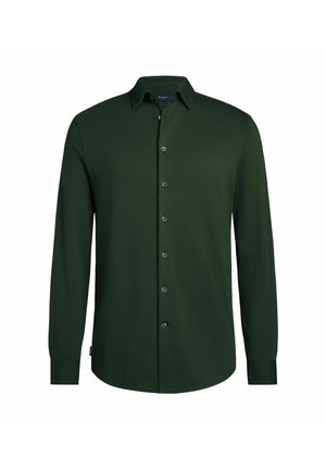 Dark green long-sleeve button-up shirt made from a smooth fabric, featuring a classic collar, front buttons, and rounded hem.