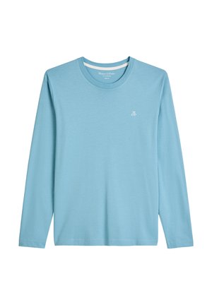 Camicia a maniche lunghe azzurro chiaro realizzata in tessuto morbido. Presenta una scollatura rotonda e un piccolo logo bianco sul lato sinistro del petto.