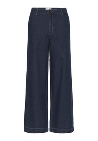 Weite, dunkelindigo gefärbte Denim-Hosen mit einem taillierten Bund, vorderem Knopfverschluss und einfachen Nähten am Saum.
