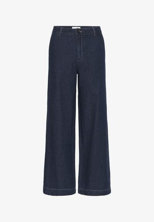 Široke temno indigo jeans hlače z oprsnikom, sprednjim gumbom in preprostimi šivi na robu.