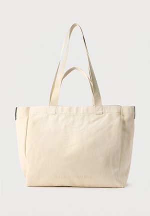 Sac fourre-tout en toile beige avec deux paires de poignées, design simple, et marquage discret en relief "SAMSOE SAMSOE" sur le devant.