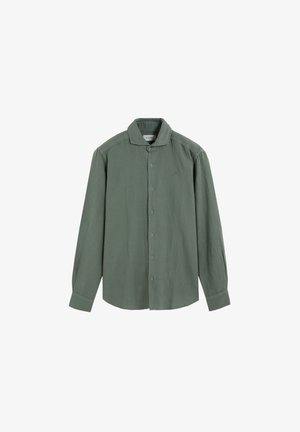 Grünes langärmliges Hemd mit Knöpfen, Kragen, Standardmanschetten und geradem Saum, auf weißem Hintergrund dargestellt.