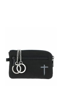 Black fabric pouch with a zip closure, silver chain accents, and a grey cross graphic. Smooth texture with functional features.
