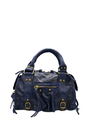 Sac à main en cuir bleu marine avec une finition texturée, quincaillerie dorée, poche zippée et doubles poignées supérieures avec des accents décoratifs.